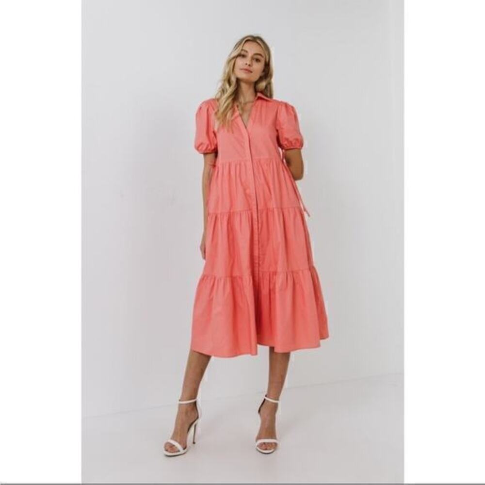NWOT ▶️ ENGLISH FACTORY ◀️ Tiered Puff Sleeve Dress. Coral Small